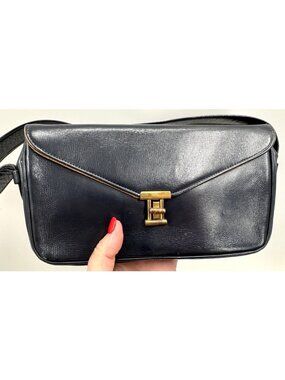 Vintage 70s La Marquise Montreal Canada Dark Blue Leather Shoulder Bag Handbag